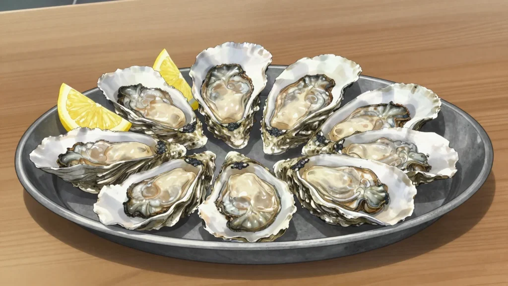 Sydney Rock Oysters, small intensely mineral oysters eaten raw with lemon on the half shell, Australia main, anime style