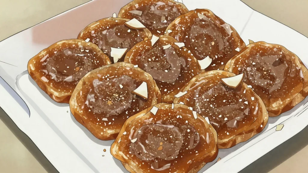 Tableta, hard slab of grated coconut boiled with sugar or cane syrup, Belize snack, anime style