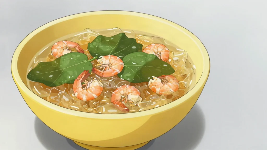 Tacacá, amazonian tucupi broth with jambu leaves and dried shrimp; tongue-tingling, Brazil soup & stew, anime style