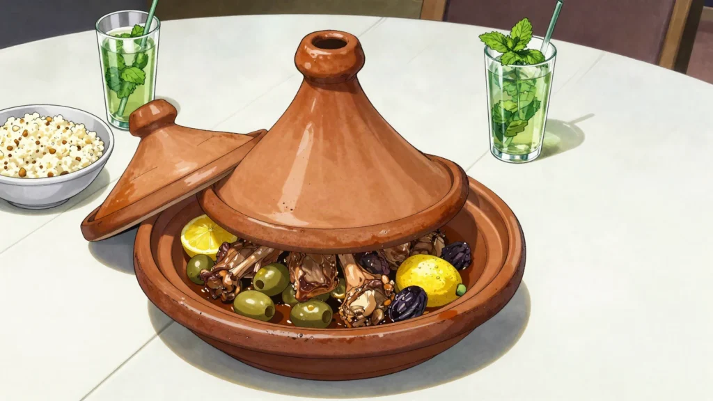 Tagine, slow-braised meat, vegetables, olives or prunes cooked in a conical earthenware pot, Morocco main, anime style
