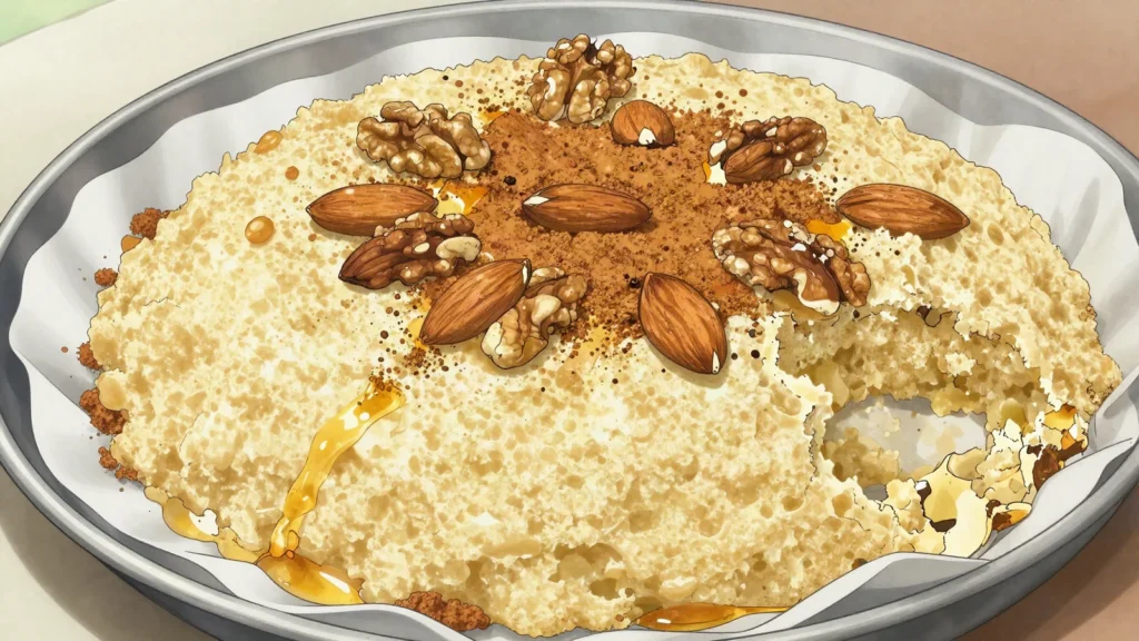Tamina, toasted semolina bound with butter and honey, made to celebrate births, Algeria dessert, anime style