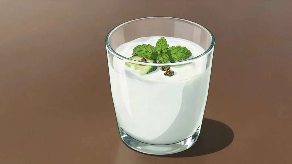 Tan, salty yogurt drink, refreshing beside grilled meat, Armenia drink, anime style