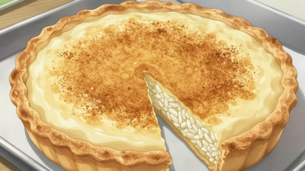 Tarte au riz, yeasted pastry case filled with baked cinnamon rice pudding, Belgium dessert, anime style