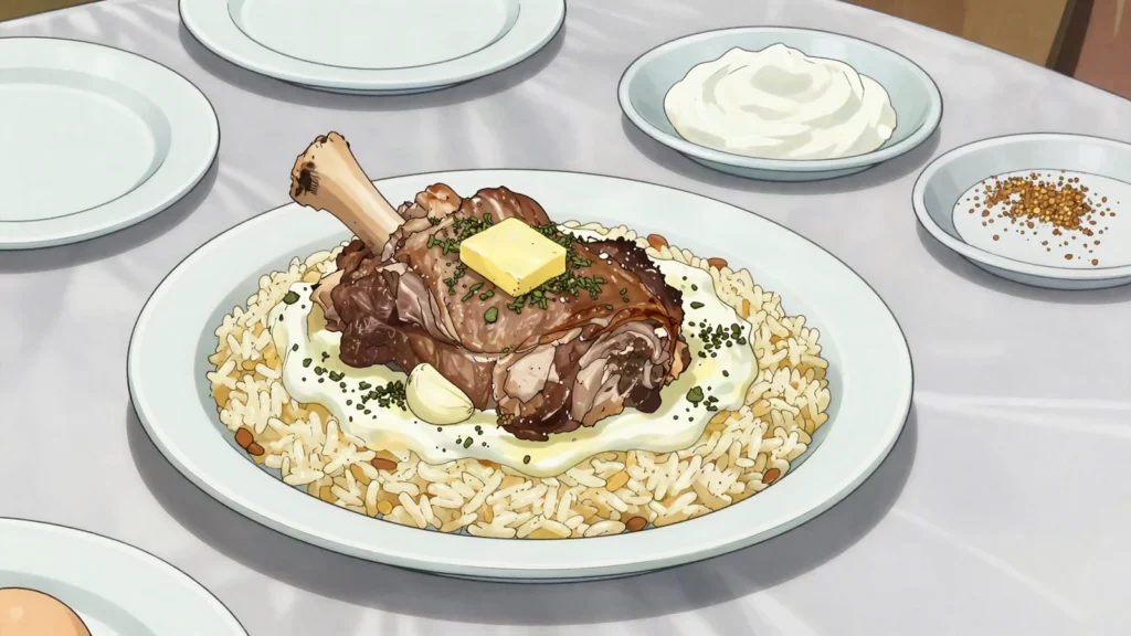 Tavë kosi, lamb and rice baked under tangy yogurt custard, national dish, Albania main, anime style
