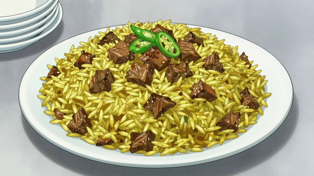 Tehari, old Dhaka spiced rice with small beef chunks and mustard oil, Bangladesh main, anime style