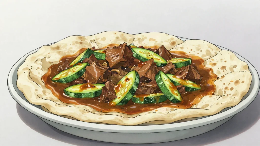 Thareed, lamb-vegetable stew soaked into thin regag bread, United Arab Emirates soup & stew, anime style