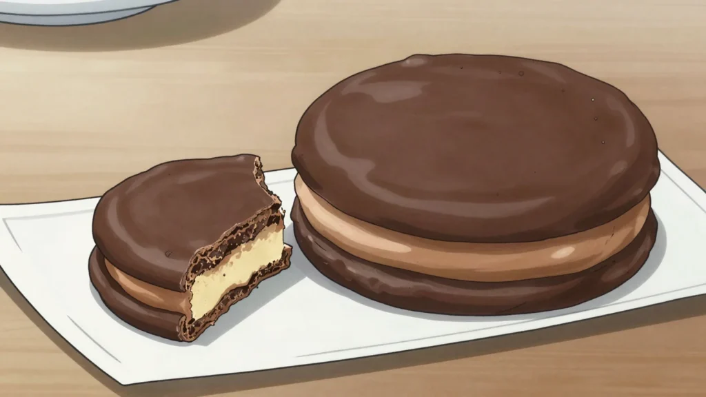 Tim Tam, chocolate-coated biscuit sandwich with cream filling, sucked as a straw through coffee, Australia snack, anime style