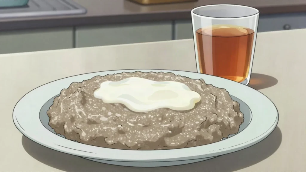 Ting, sour fermented sorghum porridge, tangy and thick, eaten hot with milk, Botswana breakfast, anime style
