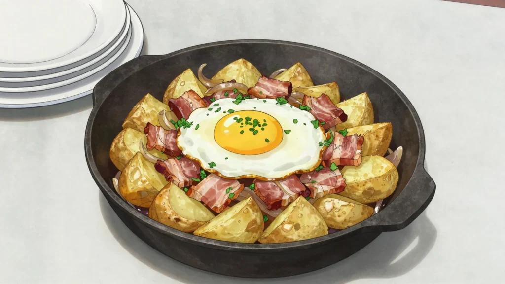 Tiroler Gröstl, skillet of potatoes, bacon, onion topped with fried egg, Austria main, anime style