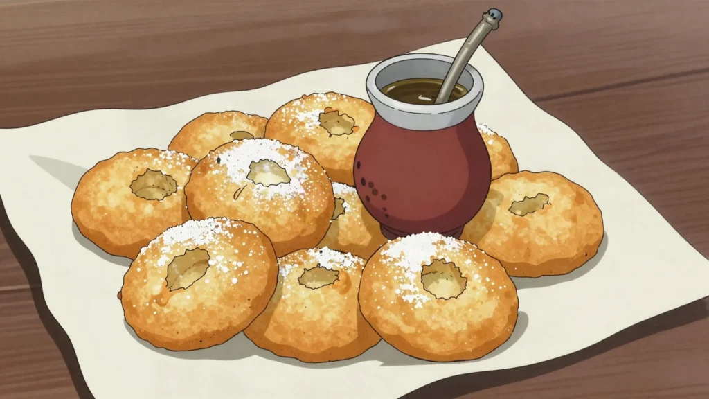 Torta frita, fried dough discs with sugar on rainy afternoons, Uruguay snack, anime style