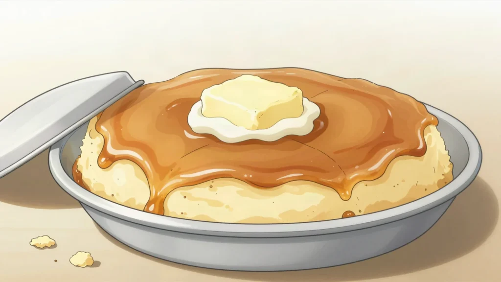 Trileçe, sponge soaked in three milks under a caramel top, served cold, Kosovo dessert, anime style
