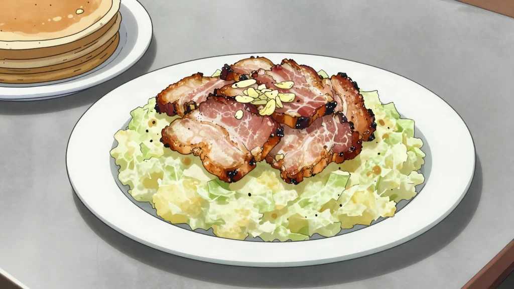 Trinxat, mashed cabbage and potato griddled with pork belly, Andorra main, anime style