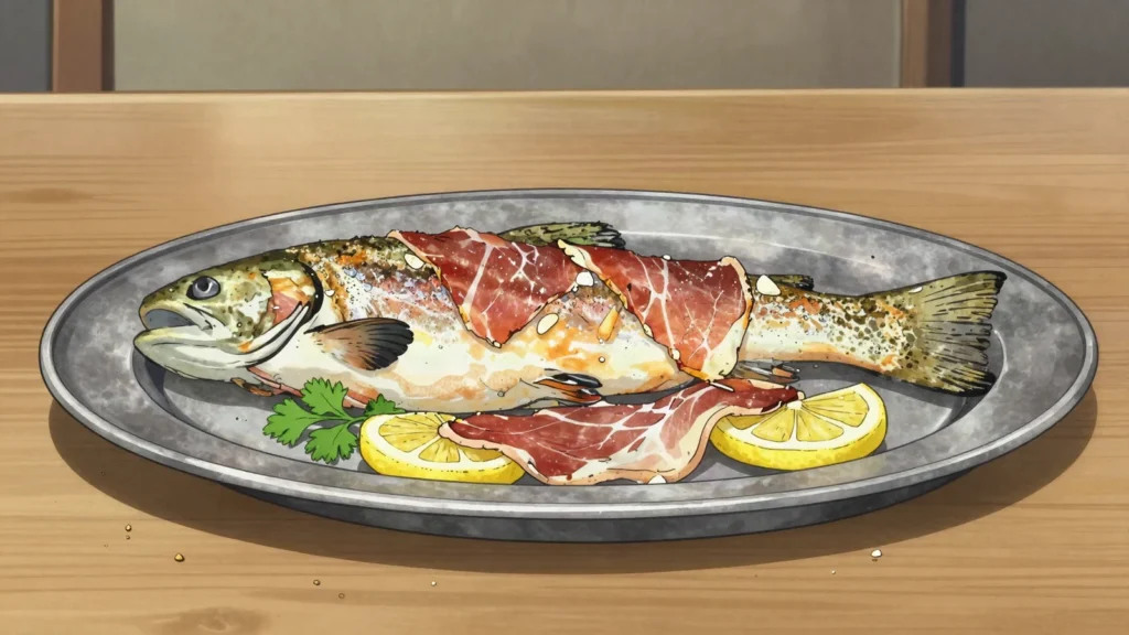 Trout with ham, pyrenean river trout pan-fried with cured mountain ham, Andorra main, anime style