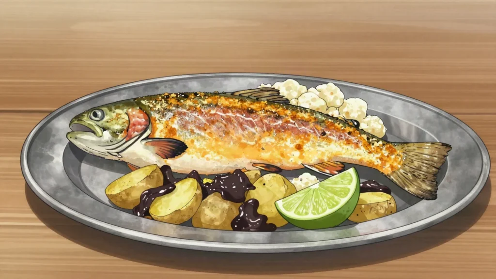 Trucha del Titicaca, lake trout fried or grilled, served with chuño and mote at the shore, Bolivia main, anime style