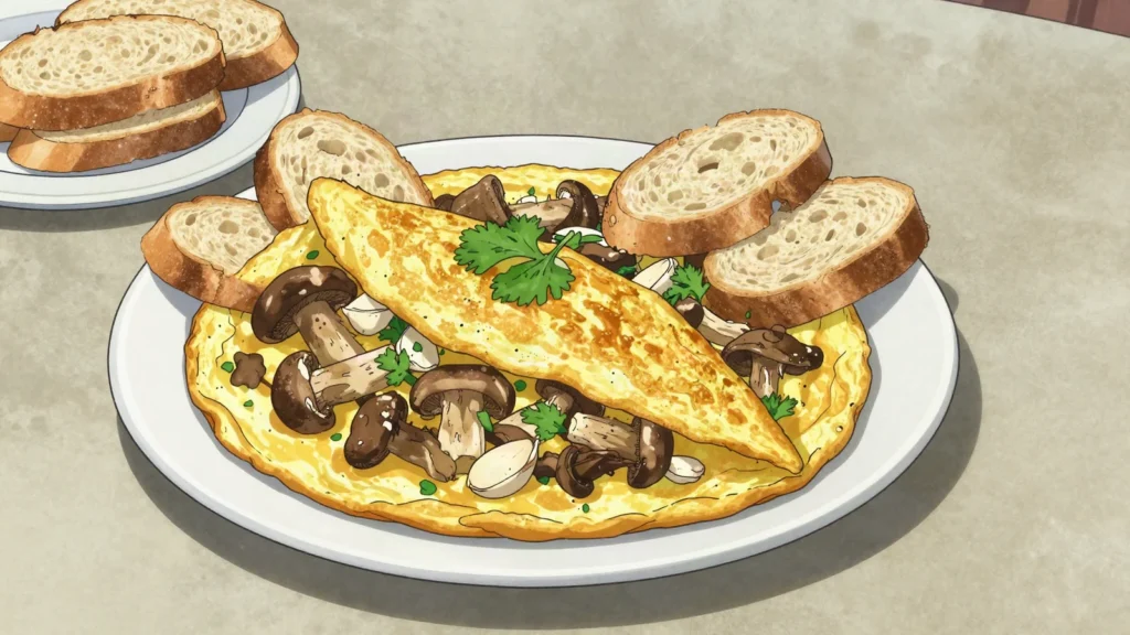 Truites de carreroles, omelette of wild mushrooms gathered in Andorra's high woods, Andorra main, anime style