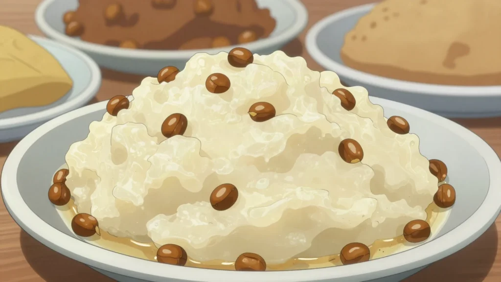 Tswii, water lily tubers boiled with beans or maize into a soft mash, Botswana salad & side, anime style