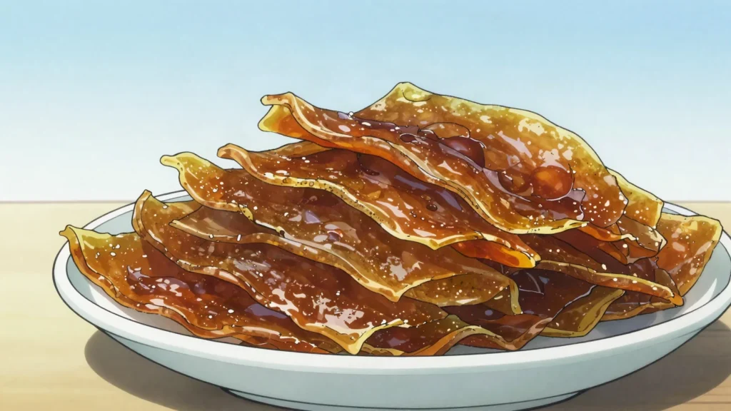 Ttu lavash, sour fruit leather of pressed plums or apricots, torn off in sheets, Armenia snack, anime style