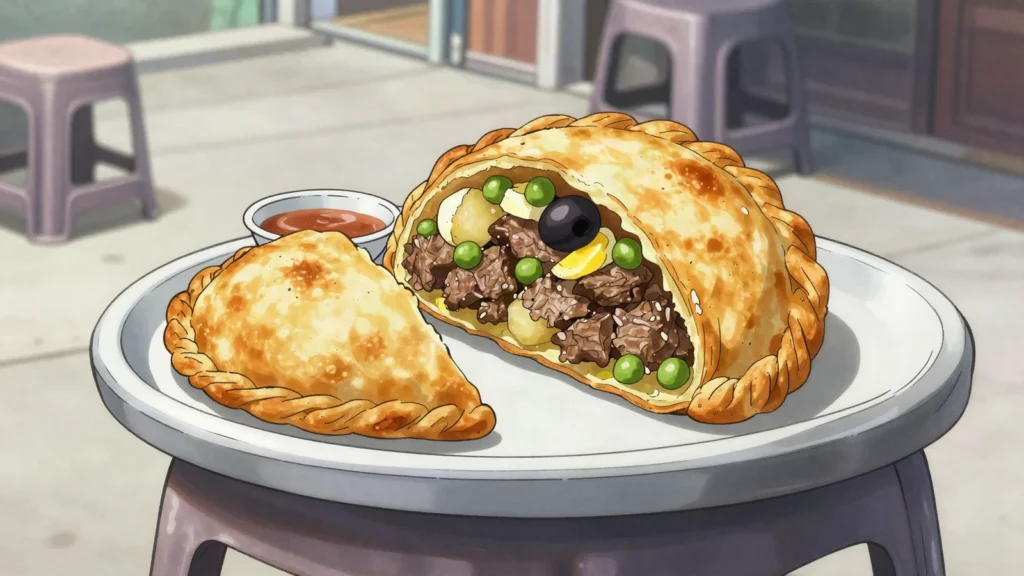 Tucumana, fried empanada of beef, potato and egg, sold with sauces, Bolivia street food, anime style