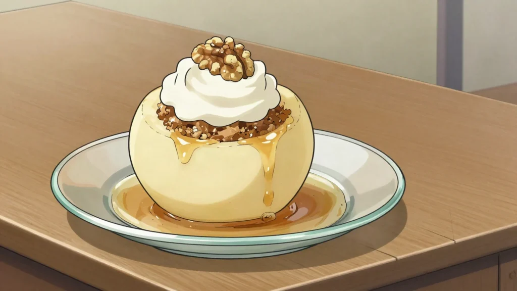 Tufahija, poached apple stuffed with walnuts, topped with whipped cream, Bosnia and Herzegovina dessert, anime style