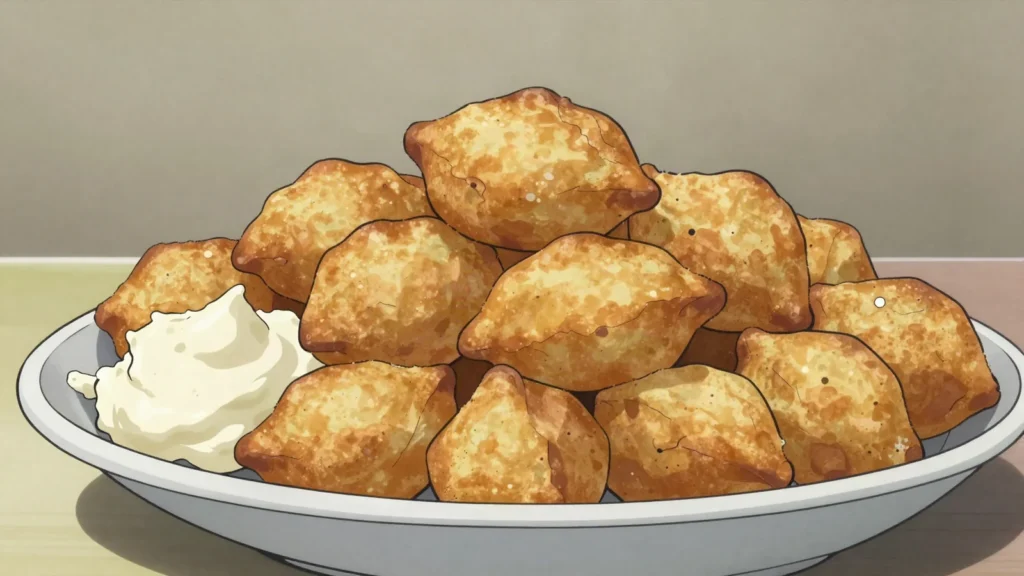 Uštipci, fried dough pillows eaten with kajmak, cheese, Bosnia and Herzegovina snack, anime style