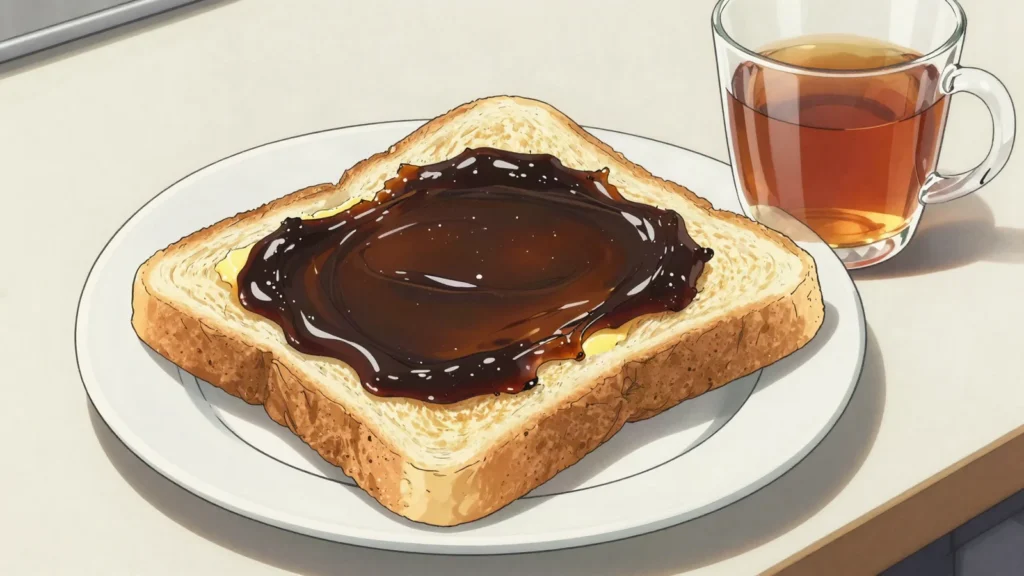 Vegemite on Toast, buttered toast scraped with salty yeast-extract spread, childhood, Australia breakfast, anime style