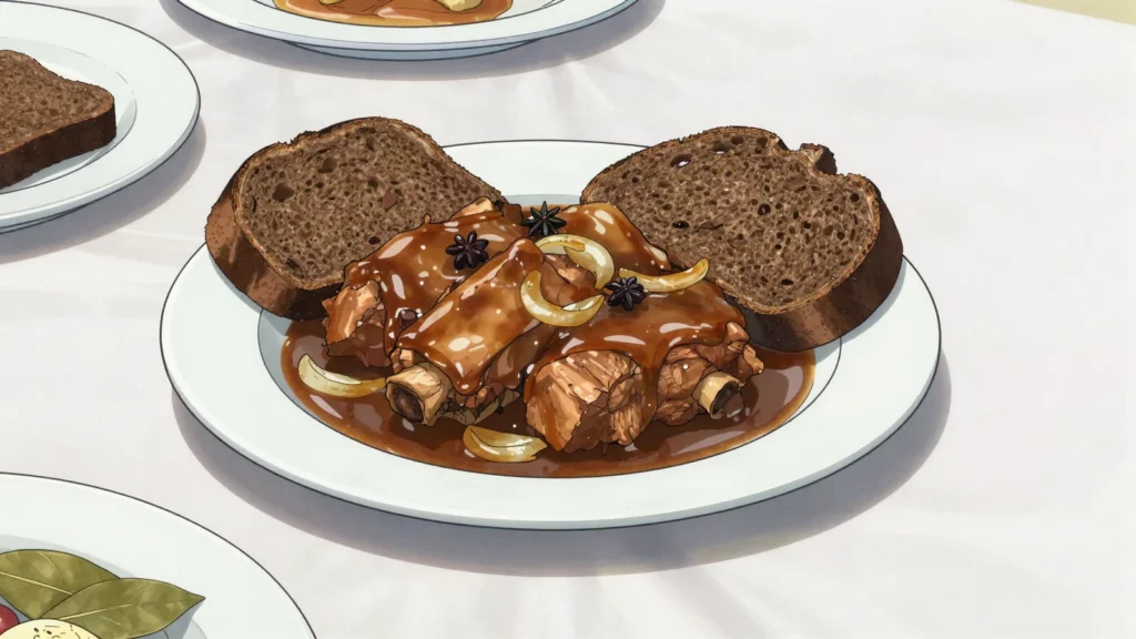 Vereshchaka, pork ribs stewed in dark rye-kvass gravy, Belarus main, anime style