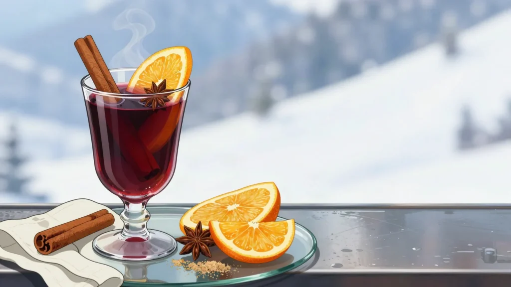 Vi calent, red wine mulled with cinnamon, citrus peel and sugar, drunk after skiing, Andorra cocktail, anime style