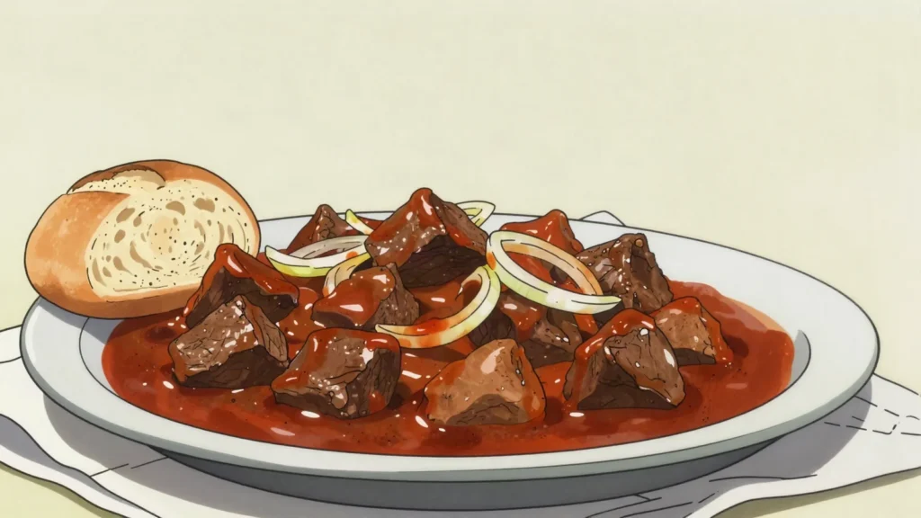 Viennese goulash, thick paprika beef goulash with bread rolls or dumplings, Austria soup & stew, anime style