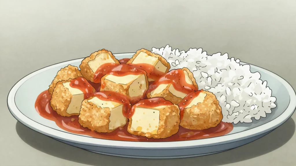 Wagashi, squeaky Fulani cow's-milk cheese fried golden and eaten in sauce, Togo cheese & dairy, anime style