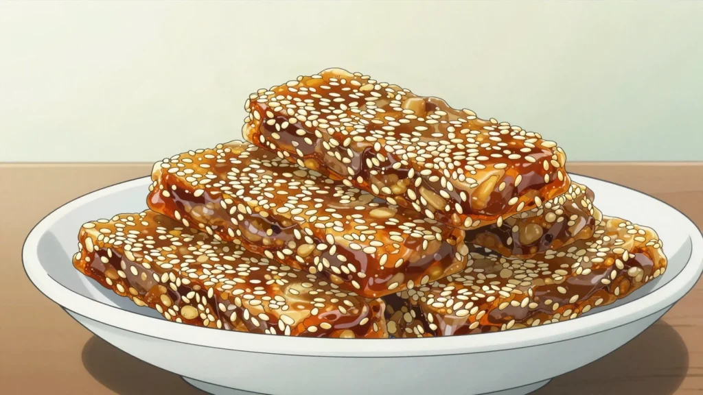 Wangla, chewy bar of toasted sesame seed set in cane syrup, Belize snack, anime style