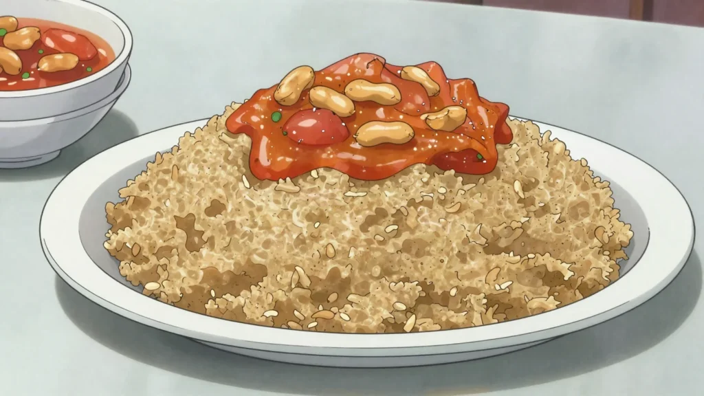 Wassa-wassa, steamed couscous of dried yam flour, eaten with peanut sauce or stew, Benin main, anime style
