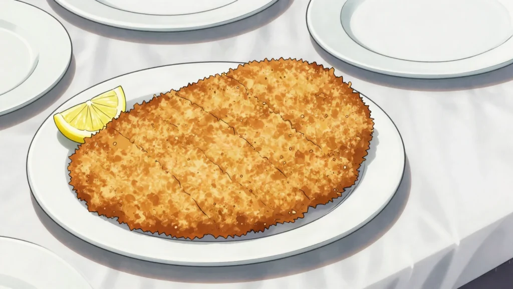 Wiener schnitzel, veal cutlet pounded thin, breaded, fried golden; lemon wedge, Austria main, anime style
