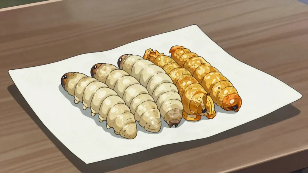 Witchetty Grub, fat wood-moth larva dug from roots, eaten raw or roasted until nutty and crisp, Australia snack, anime style