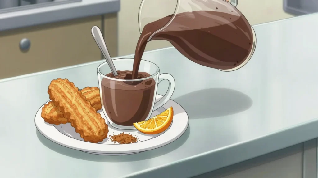 Xocolata desfeta, thick drinking chocolate, spoon-standing dense, dunked with fried pastry, Andorra drink, anime style