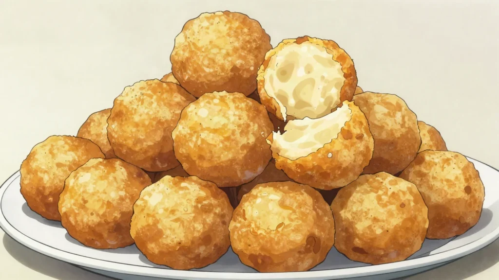 Yovo doko, sweet fried dough balls sold roadside, Benin snack, anime style