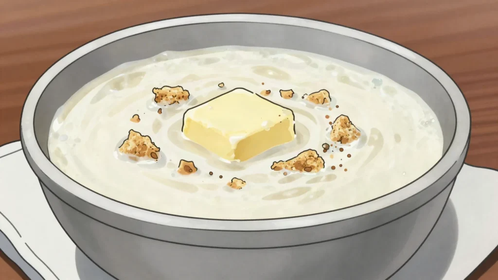 Zacirka, milk soup with pinched dough crumbs, Belarus soup & stew, anime style