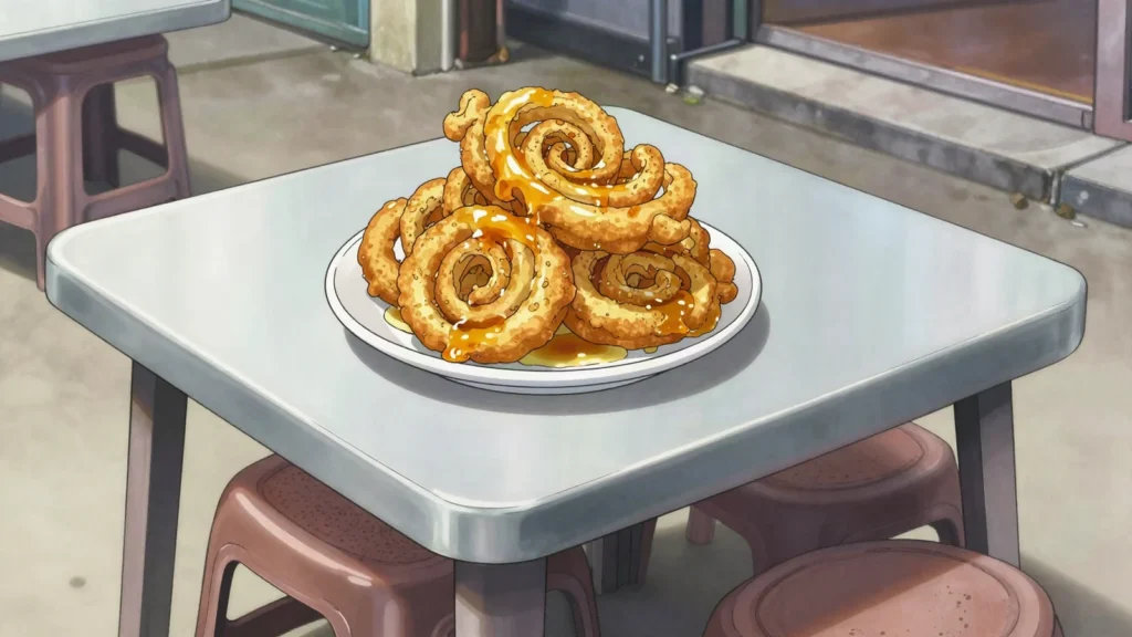 Zalabia, loops of batter fried to order and dipped in sugar syrup, Yemen street food, anime style