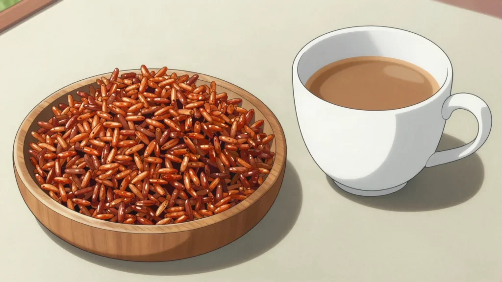 Zaw, roasted and puffed red rice, eaten by the handful with butter tea, Bhutan snack, anime style