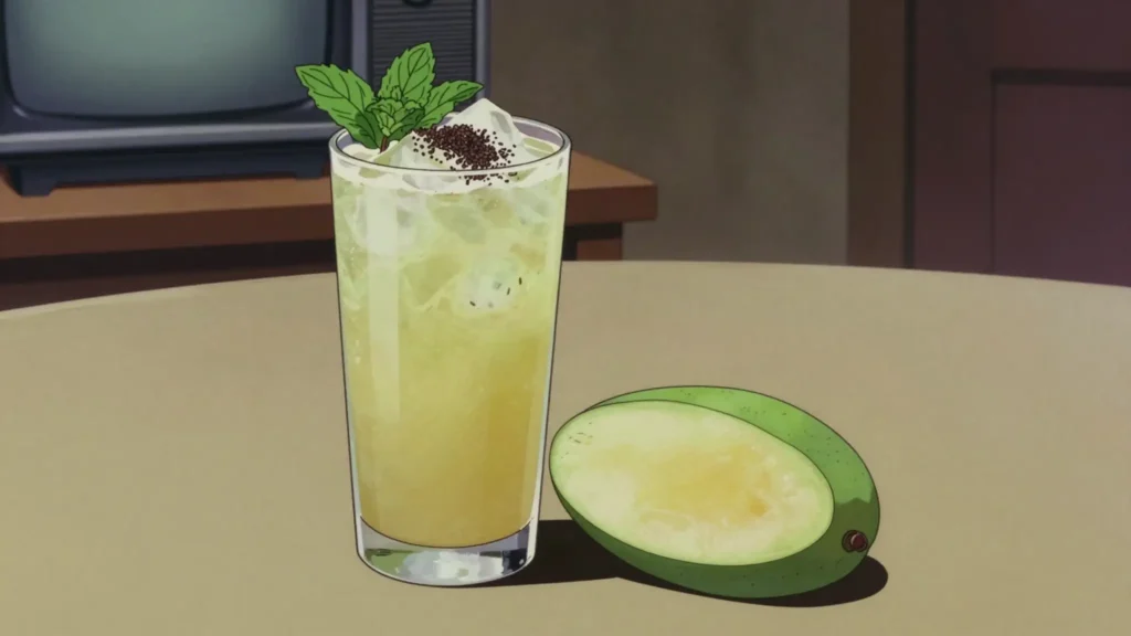 Aam Panna, tart green-mango cooler seasoned with roasted cumin, black salt and mint, India drink, anime style