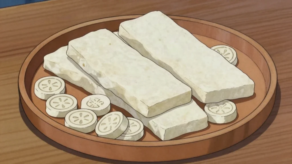 Aaruul, rock-hard sun-dried sour milk curds, herders' travel food, Mongolia cheese & dairy, anime style