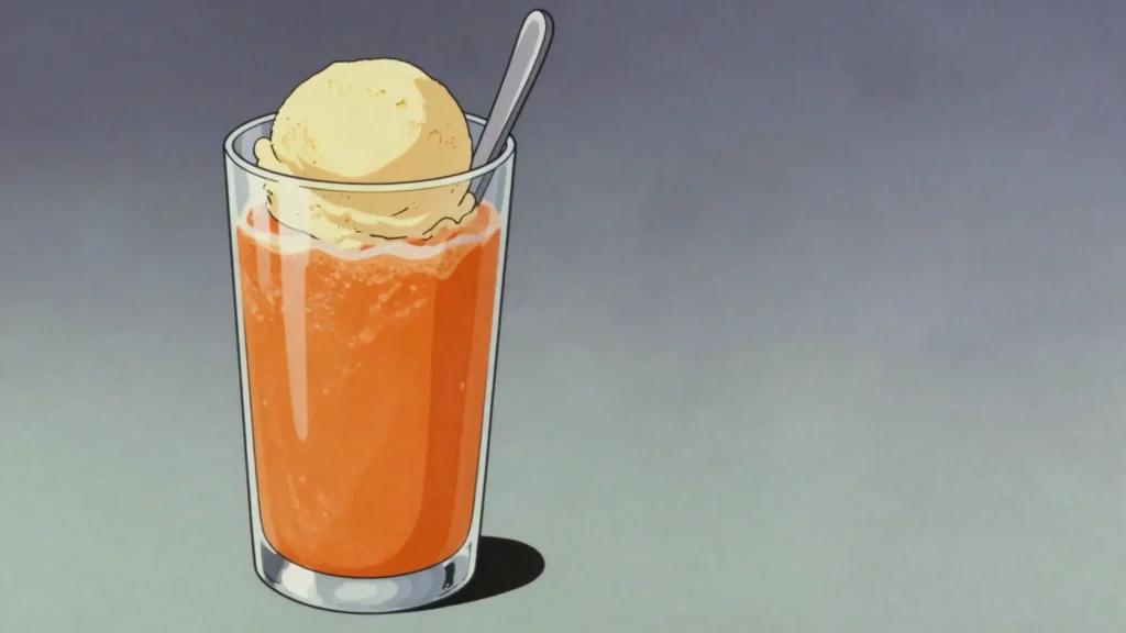 Ab-e havij bastani, fresh carrot juice with a scoop of saffron ice cream floating in it, Iran drink, anime style