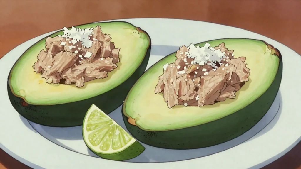 Abacate recheado com atum, halved avocado filled with tuna, lime and grated coconut, Guinea-Bissau salad & side, anime style