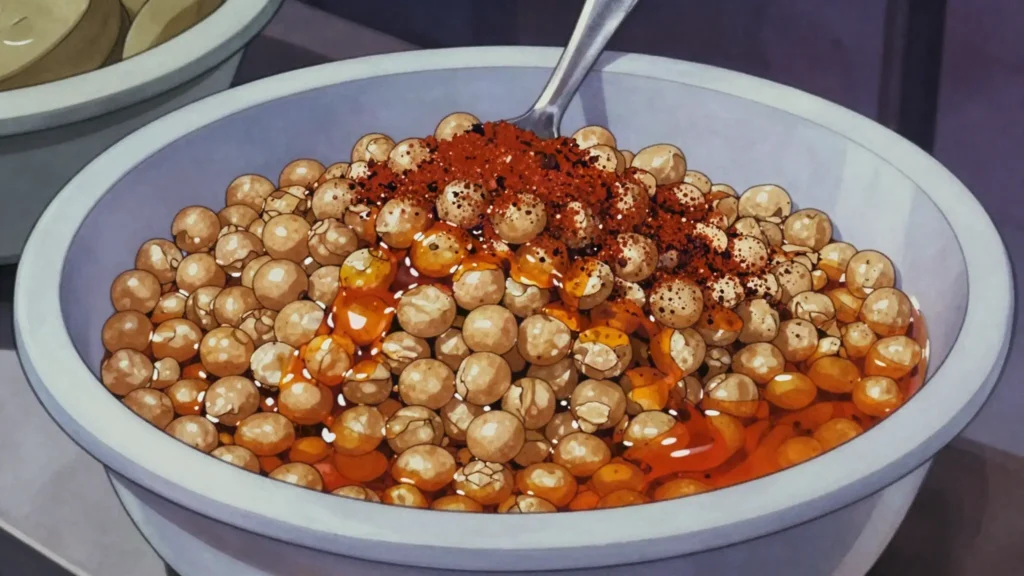Aboboe, boiled bambara beans doused in palm oil and pepper, sold in bowls, Ghana street food, anime style