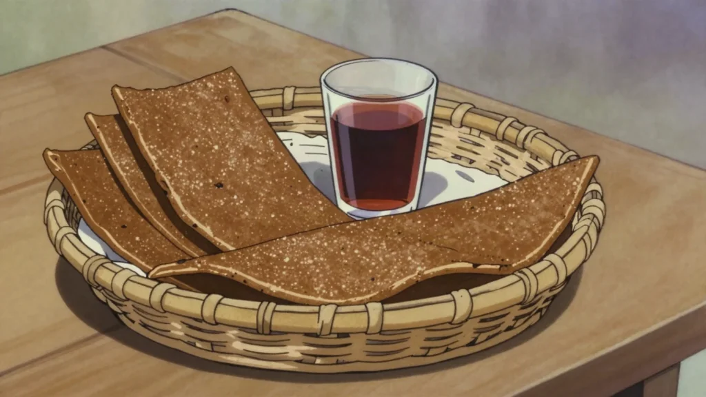 Abreh, fermented sorghum batter dried into thin flakes and stored for drinks, Sudan fermented & pickled, anime style