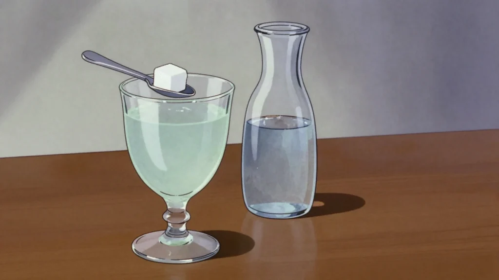 Absinthe, green anise and wormwood spirit clouded with iced water, Switzerland wine & spirit, anime style