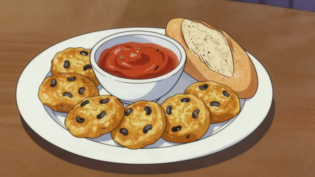 Accara, black-eyed-pea fritters with spicy kaani tomato sauce, often in baguette, Senegal street food, anime style