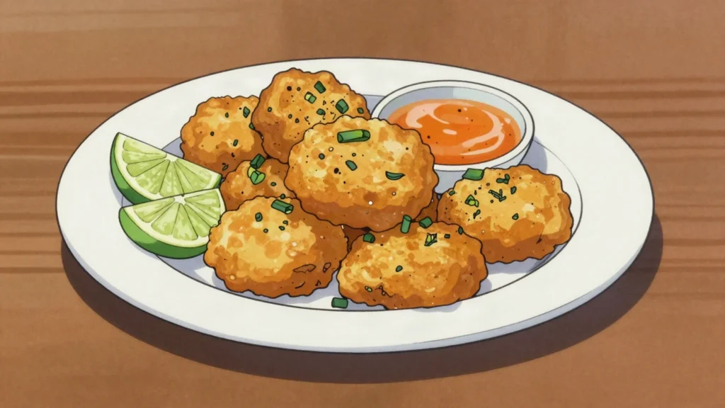 Accra, salt-cod fritters sold at Friday fish fries, Saint Lucia snack, anime style
