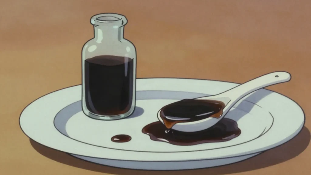 Aceto balsamico di Modena, syrupy aged vinegar from cooked grape must, used by the drop, Italy sauce & condiment, anime style