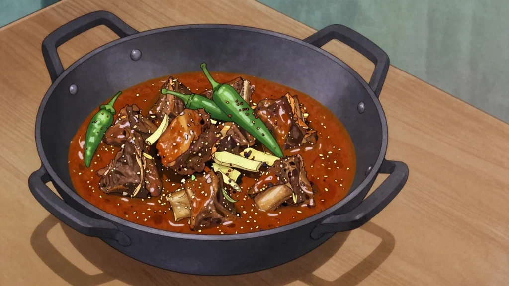 Achar Gosht, mutton curry cooked with pickling spices, whole green chillies and mustard oil, Pakistan main, anime style