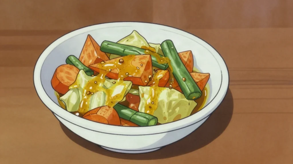 Achard, mustard-dressed pickled vegetables eaten with bread, Mauritius sauce & condiment, anime style